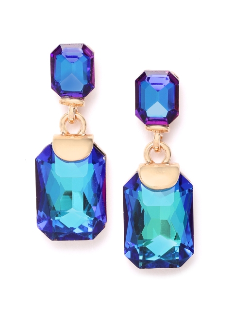 

YouBella Navy Blue & Green Gold-Plated Stone-Studded Geometric Shaped Drop Earrings