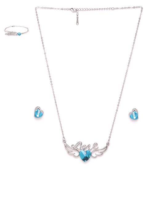 

YouBella Blue Silver-Plated Stone-Studded Heart Shaped Jewellery Set with Bracelet