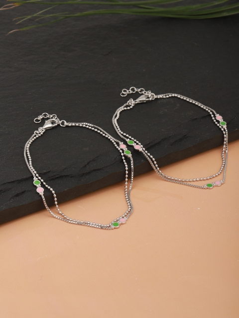 

Carlton London Set of 2 Silver-Toned & Pink Rhodium-Plated Enamelled Layered Anklets