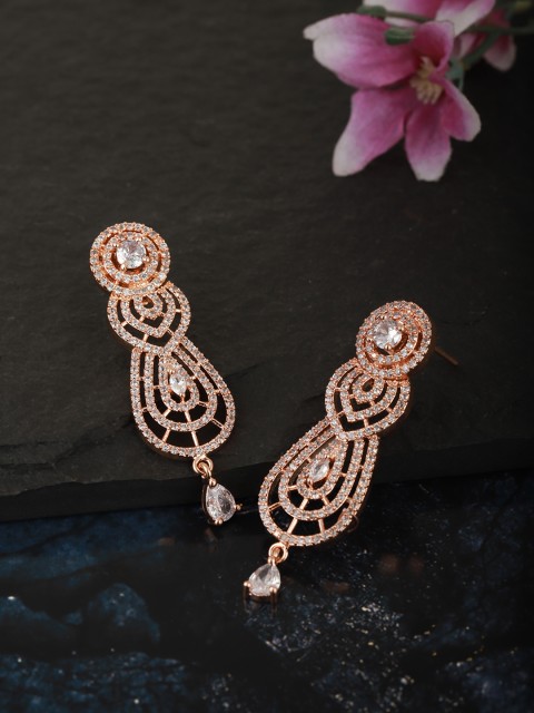 

Carlton London Rose Gold-Toned Rhodium-Plated AD Studded Contemporary Drop Earrings