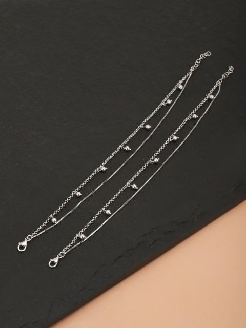 

Carlton London Set of 2 Silver-Toned Rhodium-Plated Beaded Layered Anklets