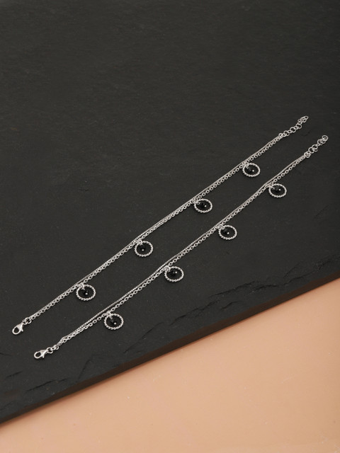 

Carlton London Set of 2 Silver-Toned & Black Rhodium-Plated Beaded Layered Anklets