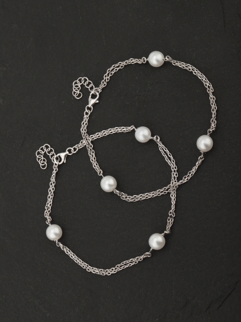 

Carlton London Set of 2 Silver-Toned & Off-White Rhodium-Plated Beaded Link Anklets