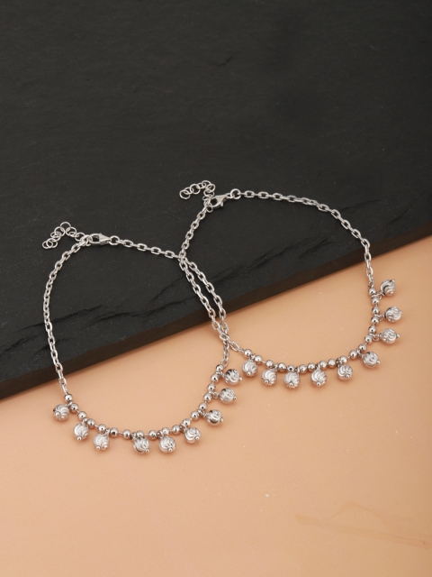 

Carlton London Set of 2 Silver-Toned Rhodium-Plated Anklets with Textured Spherical Detail