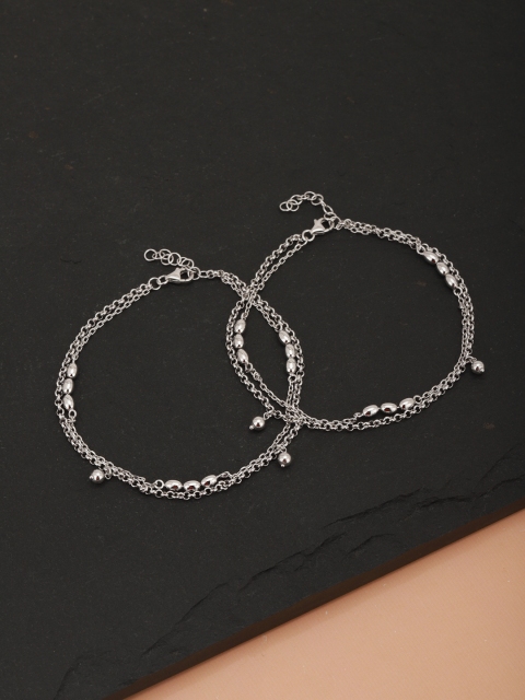 

Carlton London Set of 2 Silver-Toned Beaded Rhodium-Plated Dual Stranded Anklets