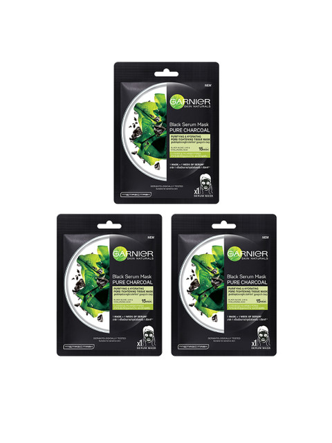 

Garnier Set of 3 Pure Charcoal Face Serum Sheet Masks, Black