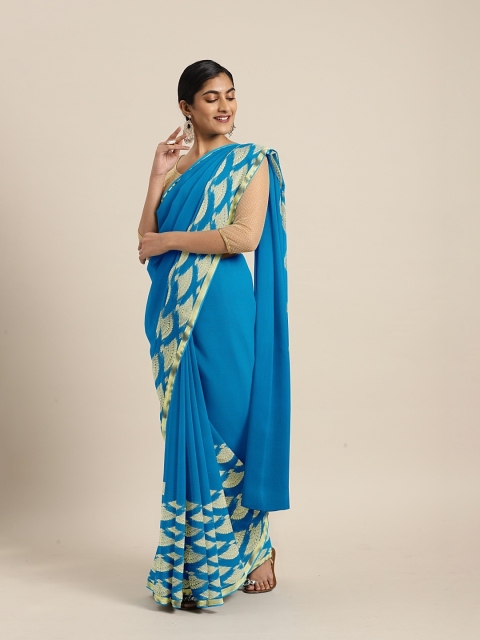 

KALINI Turquoise Blue & Gold-Toned Poly Chiffon Solid Saree