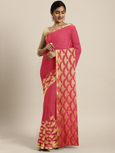 

KALINI Coral & Gold-Toned Poly Chiffon Solid Saree