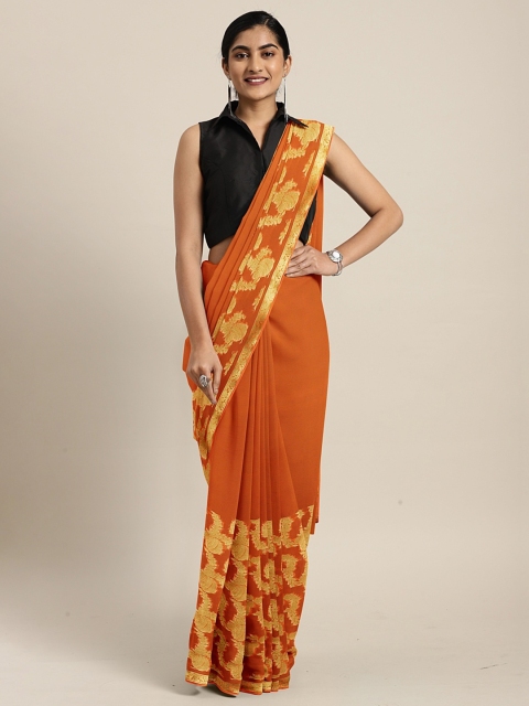 

KALINI Orange & Gold-Toned Poly Chiffon Woven Design Saree