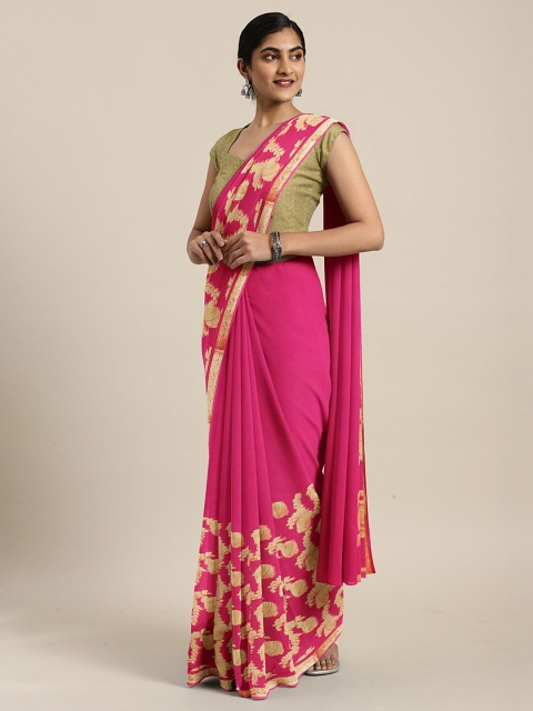 

KALINI Pink & Gold-Toned Poly Chiffon Woven Design Saree