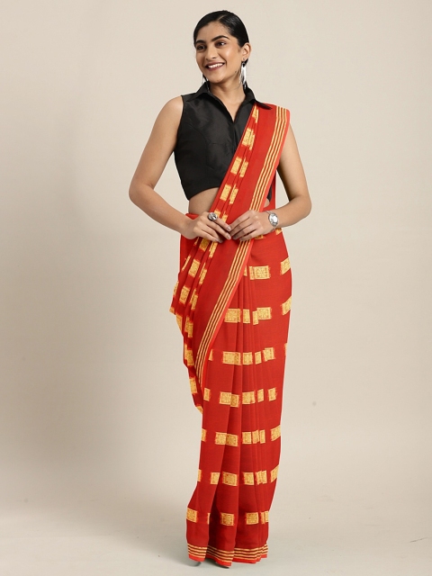 

KALINI Red & Gold-Toned Poly Chiffon Woven Design Saree