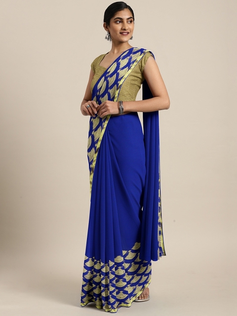 

KALINI Blue & Gold-Toned Poly Chiffon Solid Saree