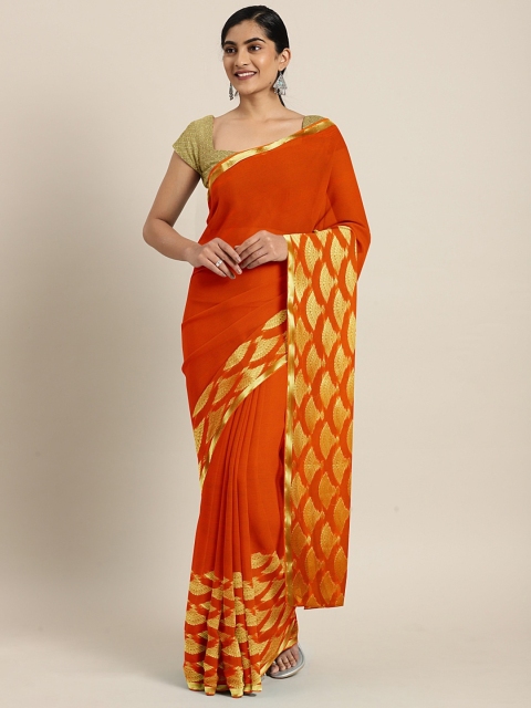 

KALINI Orange & Gold-Toned Poly Chiffon Solid Saree