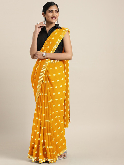 

KALINI Yellow & Gold-Toned Poly Chiffon Woven Design Saree