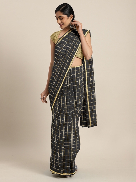 

KALINI Black & Gold-Toned Poly Chiffon Checked Saree