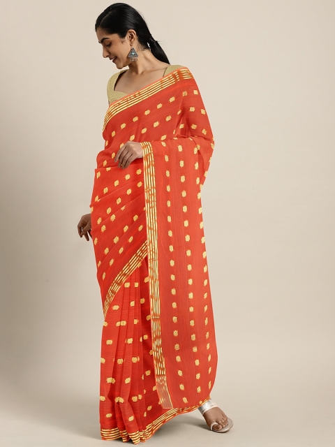 

KALINI Red & Gold-Toned Poly Chiffon Woven Design Saree
