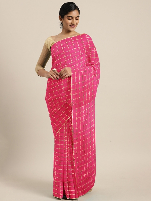 

KALINI Fuchsia & Gold-Toned Poly Chiffon Checked Saree