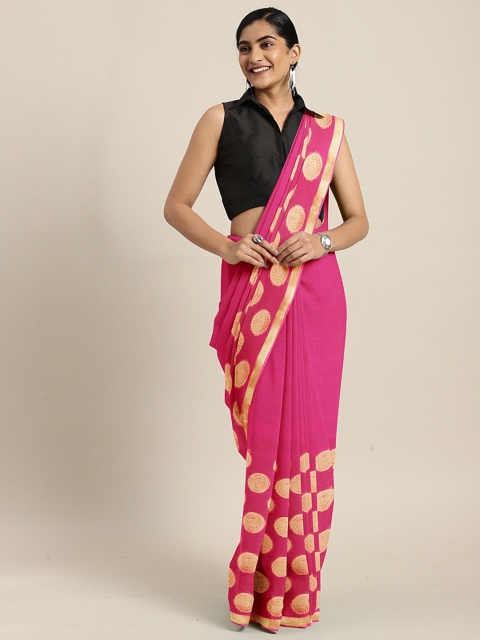 

KALINI Pink & Gold-Toned Poly Chiffon Woven Design Saree