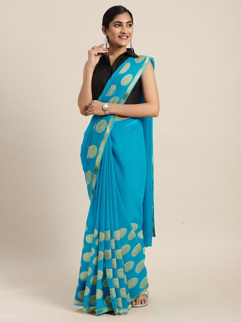 

KALINI Blue & Gold-Toned Poly Chiffon Woven Design Saree