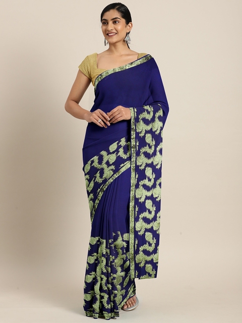 

KALINI Navy Blue & Gold-Toned Poly Chiffon Solid Saree