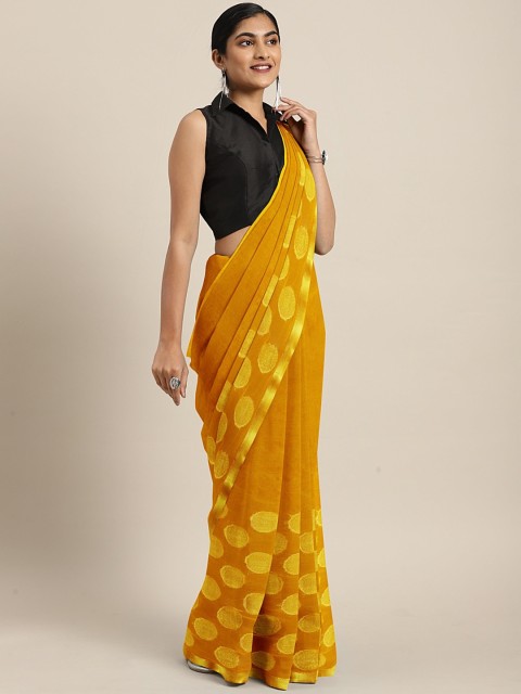 

KALINI Yellow & Gold-Toned Poly Chiffon Solid Saree