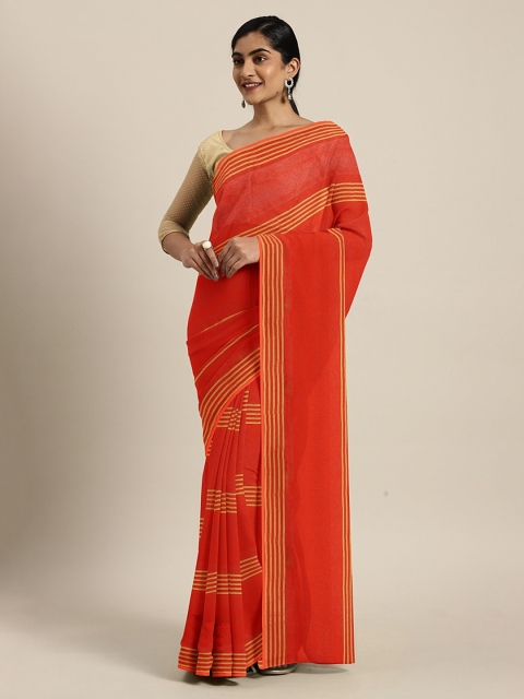 

KALINI Coral & Gold-Toned Poly Chiffon Solid Saree