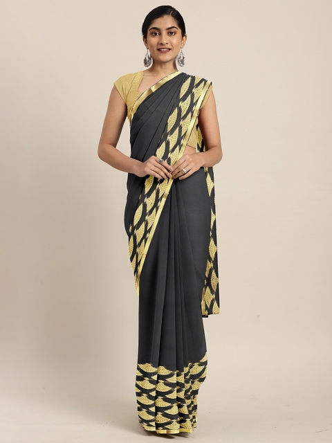 

KALINI Black & Golden Poly Chiffon Solid Saree