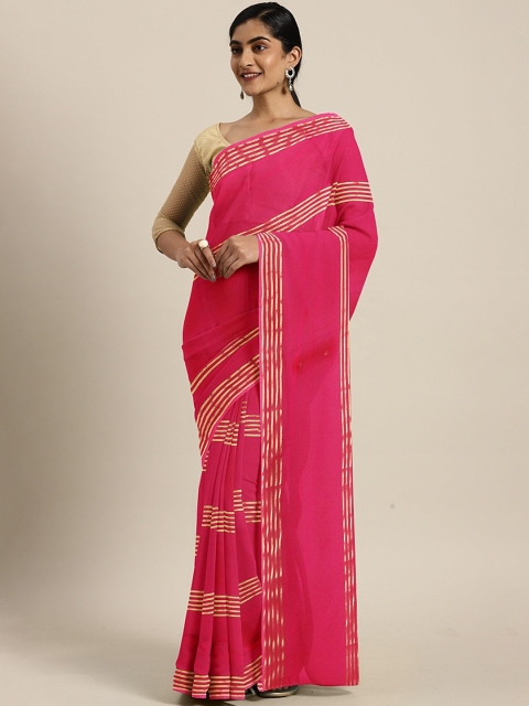 

KALINI Pink & Gold-Toned Poly Chiffon Striped Saree