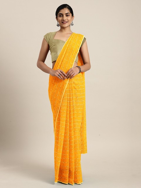

KALINI Yellow & Gold-Toned Poly Chiffon Checked Saree