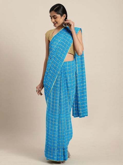 

KALINI Blue & Gold-Toned Poly Chiffon Checked Saree