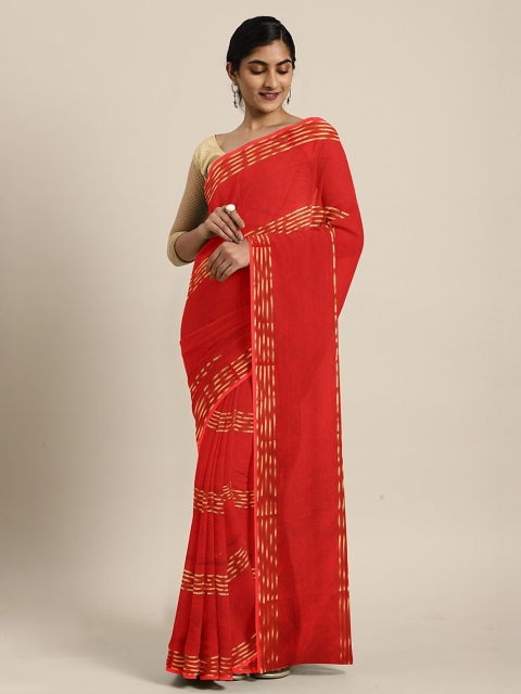 

KALINI Red & Gold-Toned Poly Chiffon Striped Saree