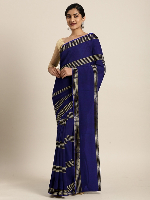 

KALINI Navy Blue & Gold-Toned Poly Chiffon Striped Saree