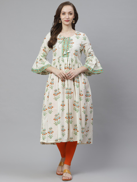 

Bhama Couture Women White & Green Floral Print Anarkali Kurta