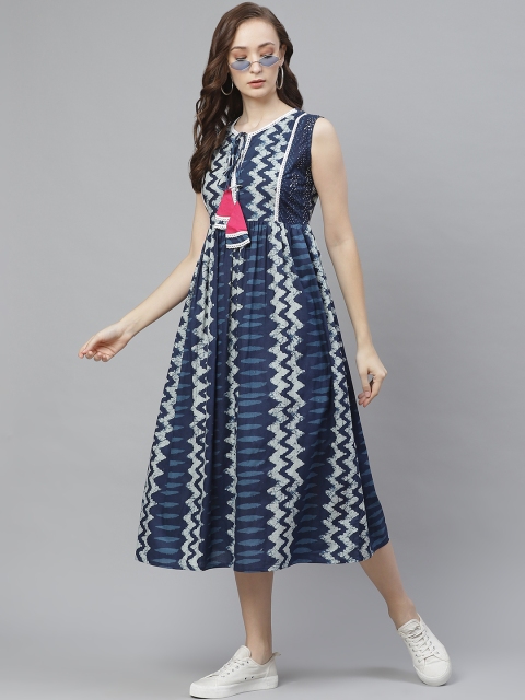 

Bhama Couture Women Navy & White Printed A-Line Dress, Navy blue
