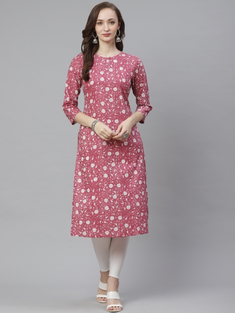 

Bhama Couture Women Pink & White Floral Print Straight Kurta