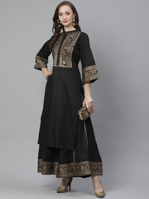 

Bhama Couture Women Black & Golden Screen Yoke Design Kurta with Palazzos