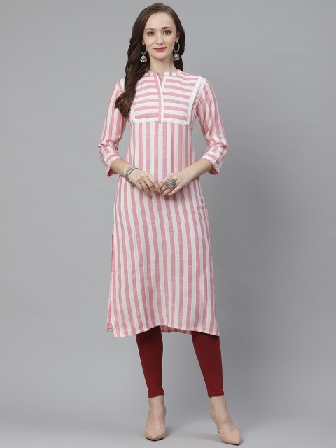 

Bhama Couture Women Pink & White Striped Straight Kurta with Lace Detail