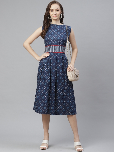 

Bhama Couture Women Navy & White Printed A-Line Dress, Navy blue