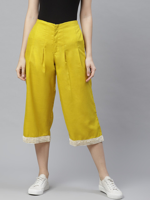 

Bhama Couture Women Mustard Yellow High-Rise Smart Loose Fit Solid Culottes