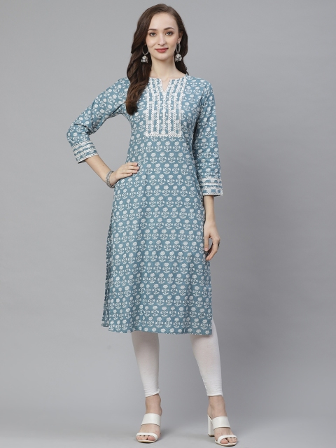

Bhama Couture Women Blue & White Floral Print Straight Kurta