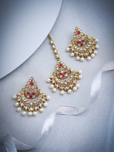 

Sukkhi Gold-Plated White & Red Kundan-Studded Pearl Jewellery Set