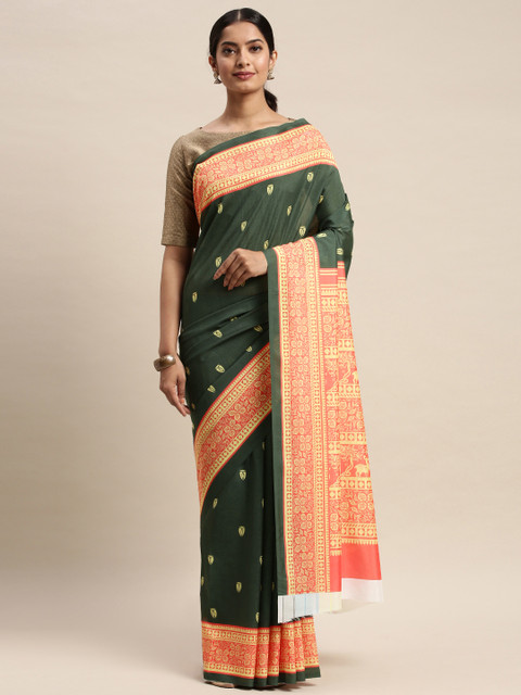 

DIVASTRI Teal Green & Coral Pink Silk Blend Printed Saree