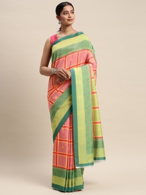 

DIVASTRI Pink & Green Silk Blend Checked Saree