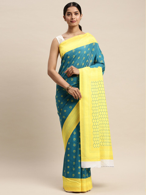 

DIVASTRI Teal Blue & Yellow Silk Blend Printed Saree