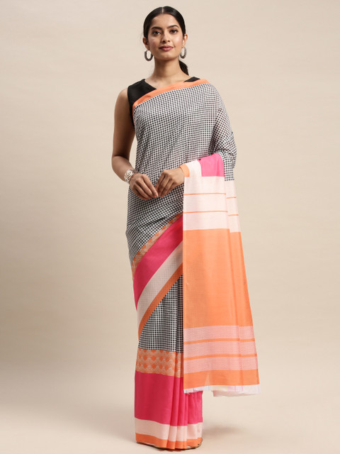 

DIVASTRI White & Black Silk Blend Checked Saree