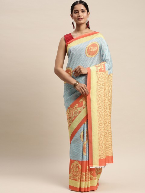 

DIVASTRI Blue & Orange Silk Blend Printed Saree