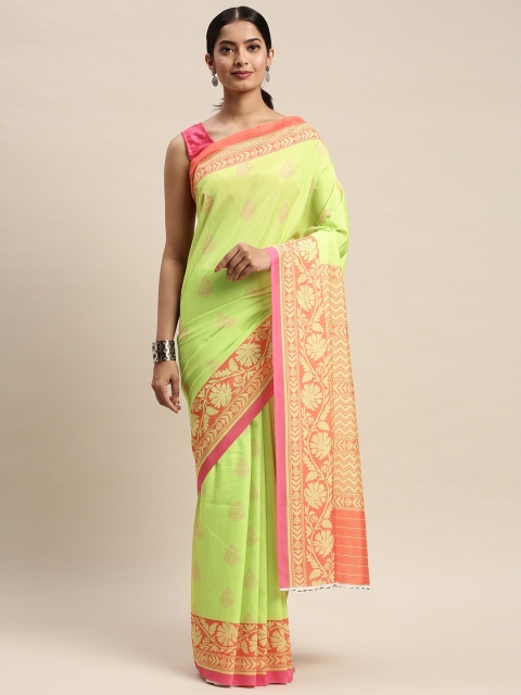 

DIVASTRI Green & Coral Orange Silk Blend Printed Saree