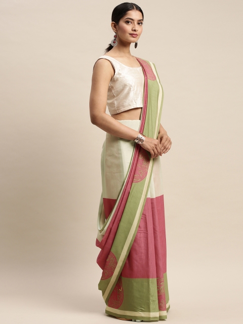 

DIVASTRI Olive Green & Pink Silk Blend Printed Saree