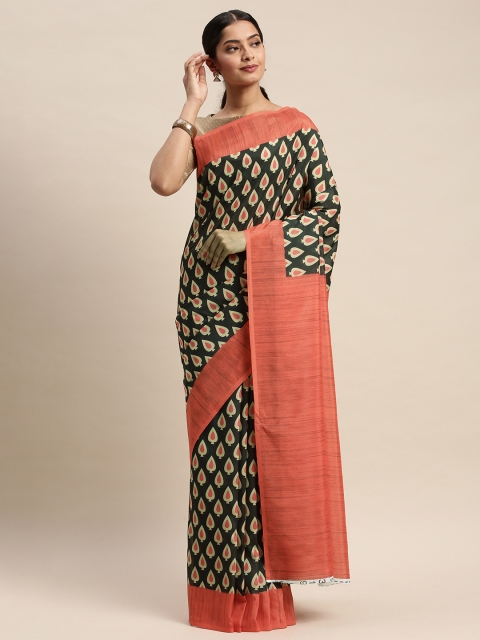 

DIVASTRI Green & Coral Orange Silk Blend Printed Saree