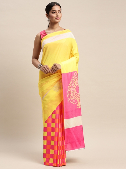 

DIVASTRI Yellow & Pink Silk Blend Solid Half and Half Saree